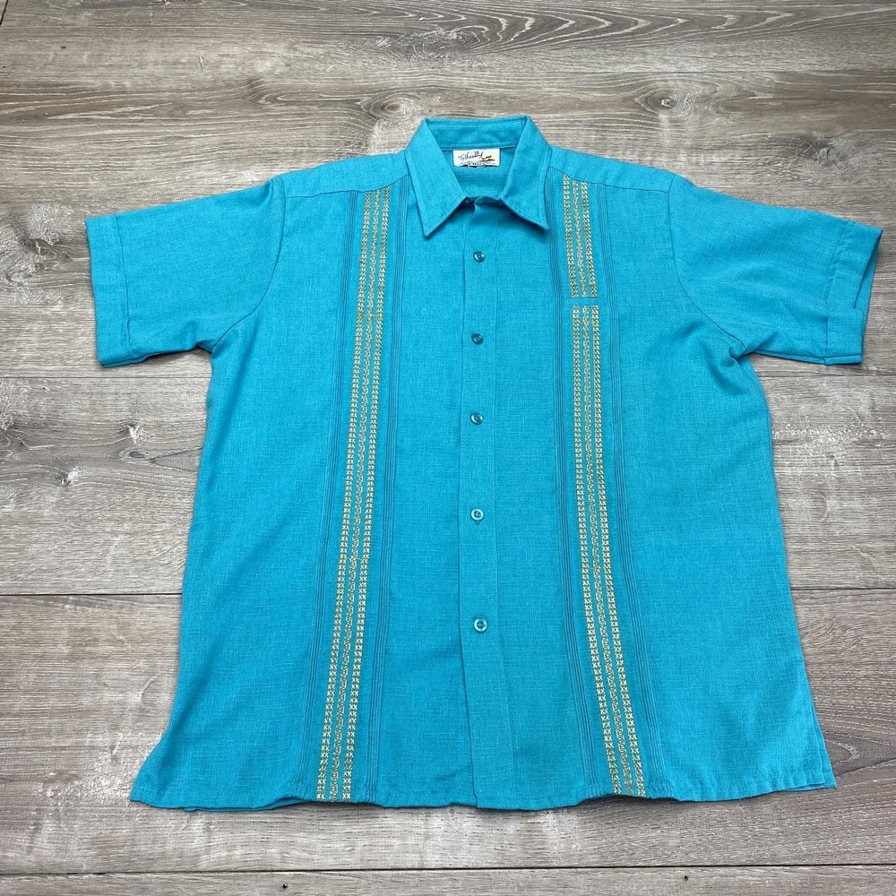 Sandy Guayabera Shirt Men's 38 (S) Linen Short Sleeve Embroidered Mexican Teal